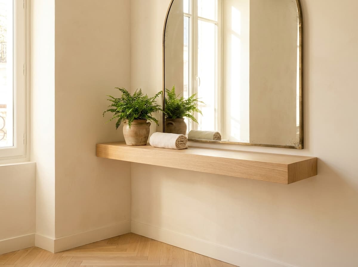 Étagère en bois clair avec plantes vertes dans le salon