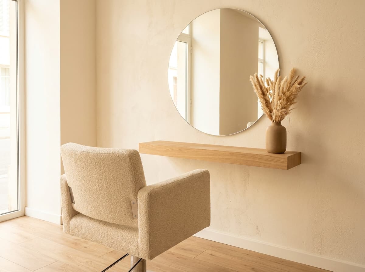 Fauteuil de coiffage devant un grand miroir rond