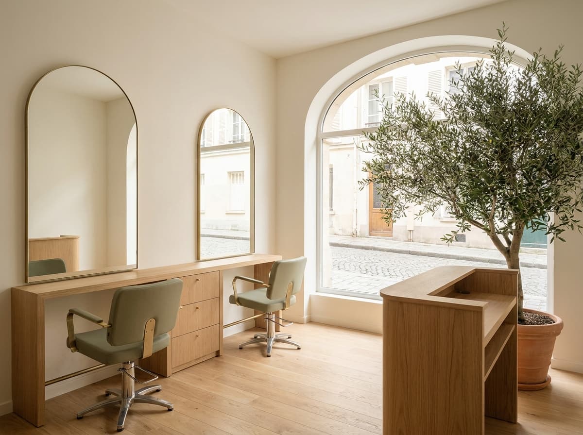 Intérieur lumineux du salon : bois clair, miroirs et plantes
