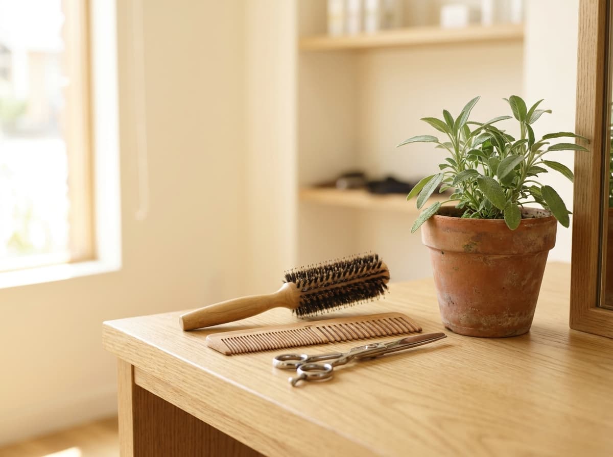 Ciseaux, peigne et brosse posés sur le comptoir en bois clair